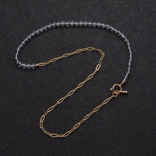 Dainty Half Bead Half Link Chain Necklace, 24k Gold Filled Paperclip Chain with Clear Quartz Necklace Toggle Clasp WA-966