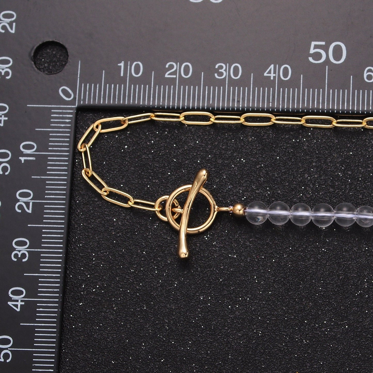 Dainty Half Bead Half Link Chain Necklace, 24k Gold Filled Paperclip Chain with Clear Quartz Necklace Toggle Clasp WA-966