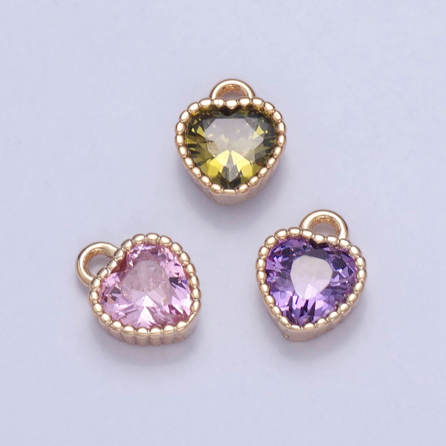 Pink / Green / Purple Mini Small Heart Charm Cubic Heart Gold Charm for bracelet earring necklace jewelry making supply