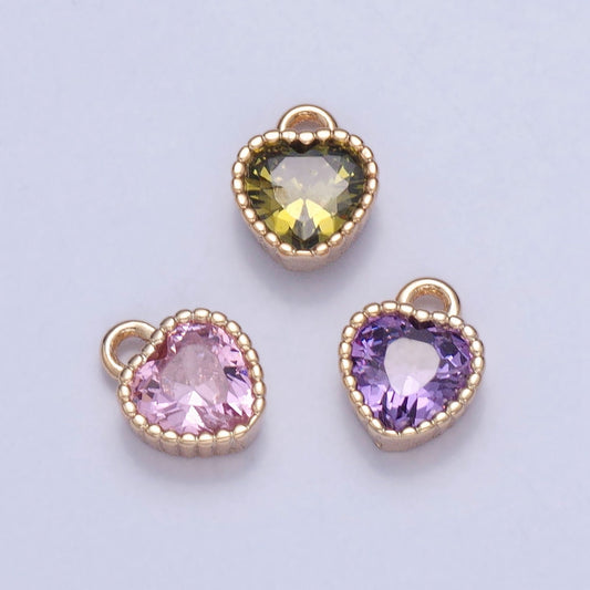 Pink / Green / Purple Mini Small Heart Charm Cubic Heart Gold Charm for bracelet earring necklace jewelry making supply