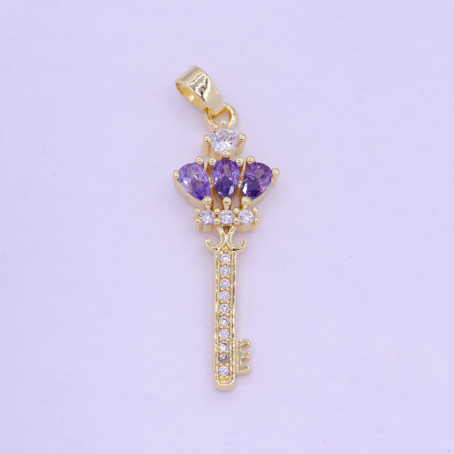 Gold Clear/Purple Crown Key Cubic Zirconia CZ Pendant, Micro Pave Gold Key Charm For Jewelry Necklace Making, J-590 J-592