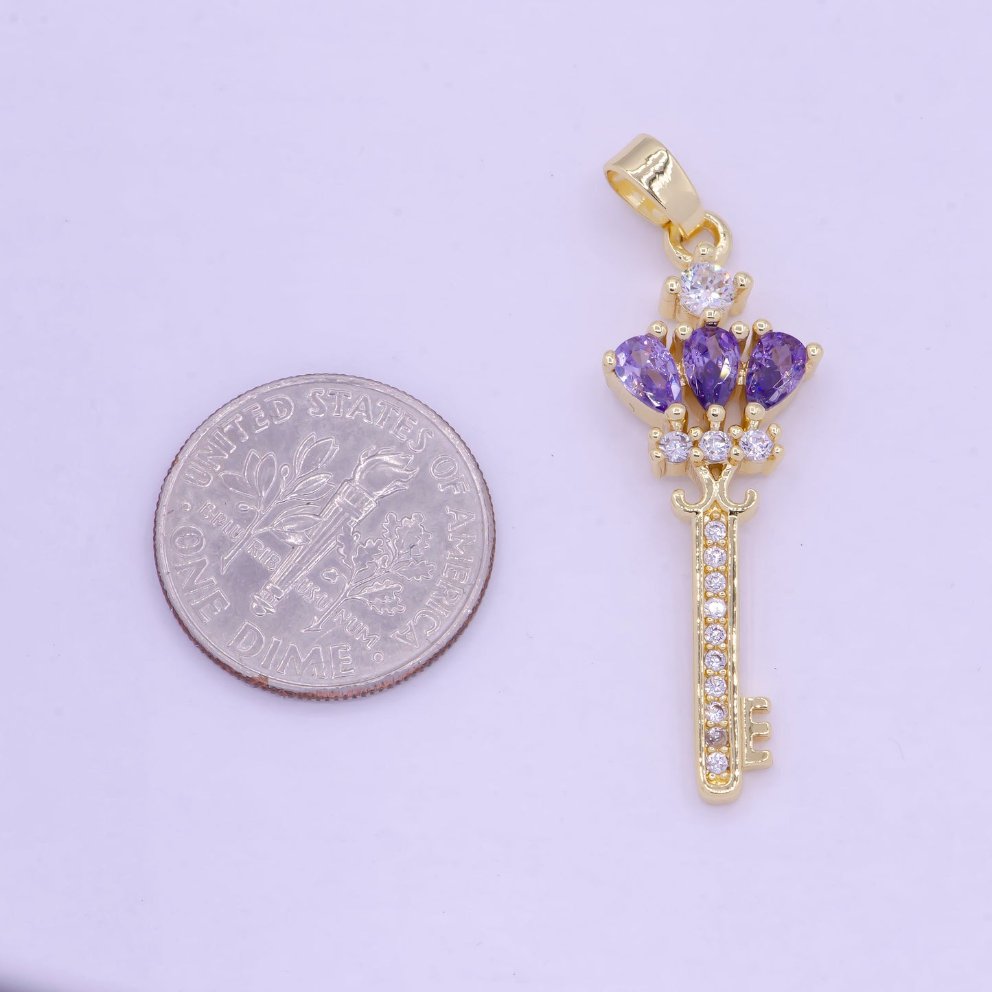 Gold Clear/Purple Crown Key Cubic Zirconia CZ Pendant, Micro Pave Gold Key Charm For Jewelry Necklace Making, J-590 J-592