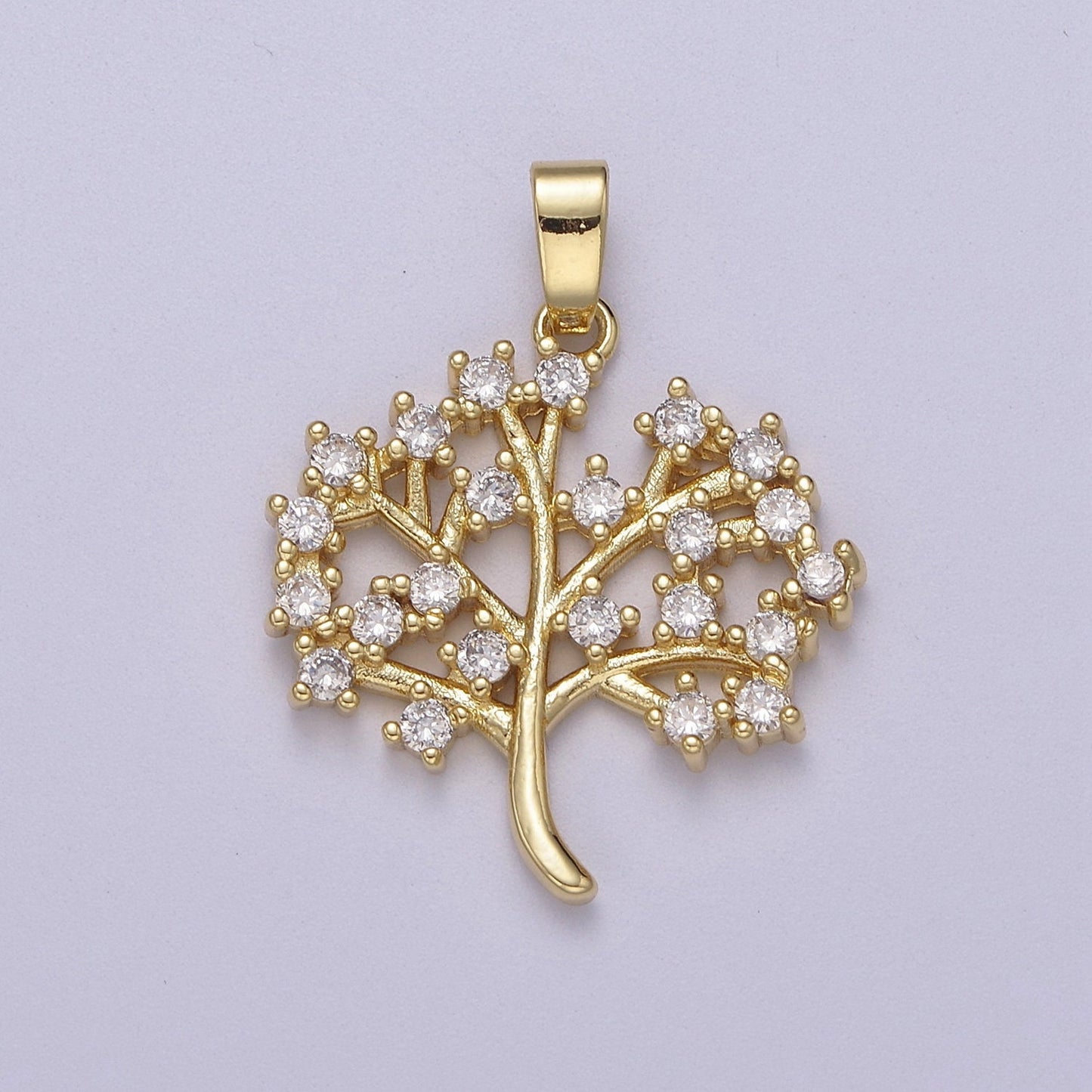 Dainty Gold Tree Pendant with Clear Micro Pave Cz Stone J-504