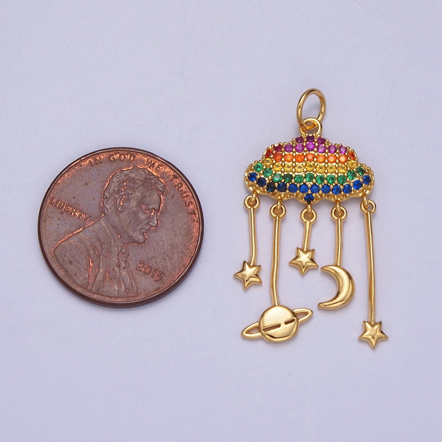 Rainbow Micro Pave Clouds with Celestial Charms: Saturn Planet, Crescent Moon & Stars, Multicolor Charm For DIY Jewelry Making, W-201,W-202