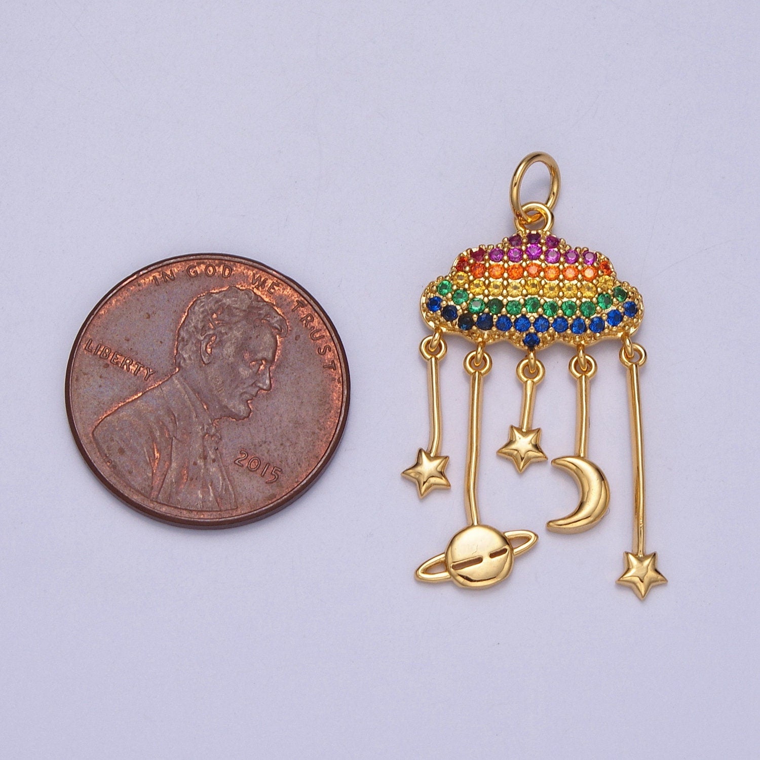 Rainbow Micro Pave Clouds with Celestial Charms: Saturn Planet, Crescent Moon & Stars, Multicolor Charm For DIY Jewelry Making, W-201,W-202