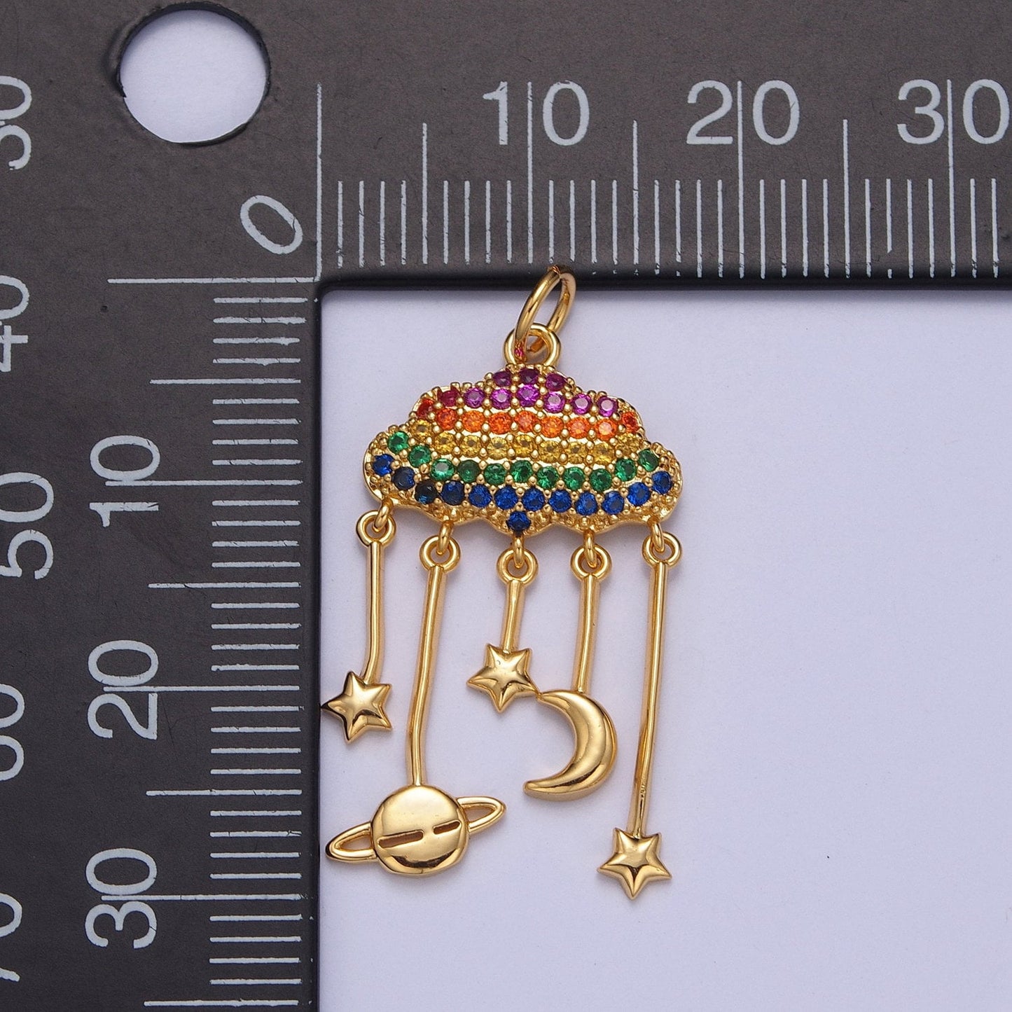 Rainbow Micro Pave Clouds with Celestial Charms: Saturn Planet, Crescent Moon & Stars, Multicolor Charm For DIY Jewelry Making, W-201,W-202