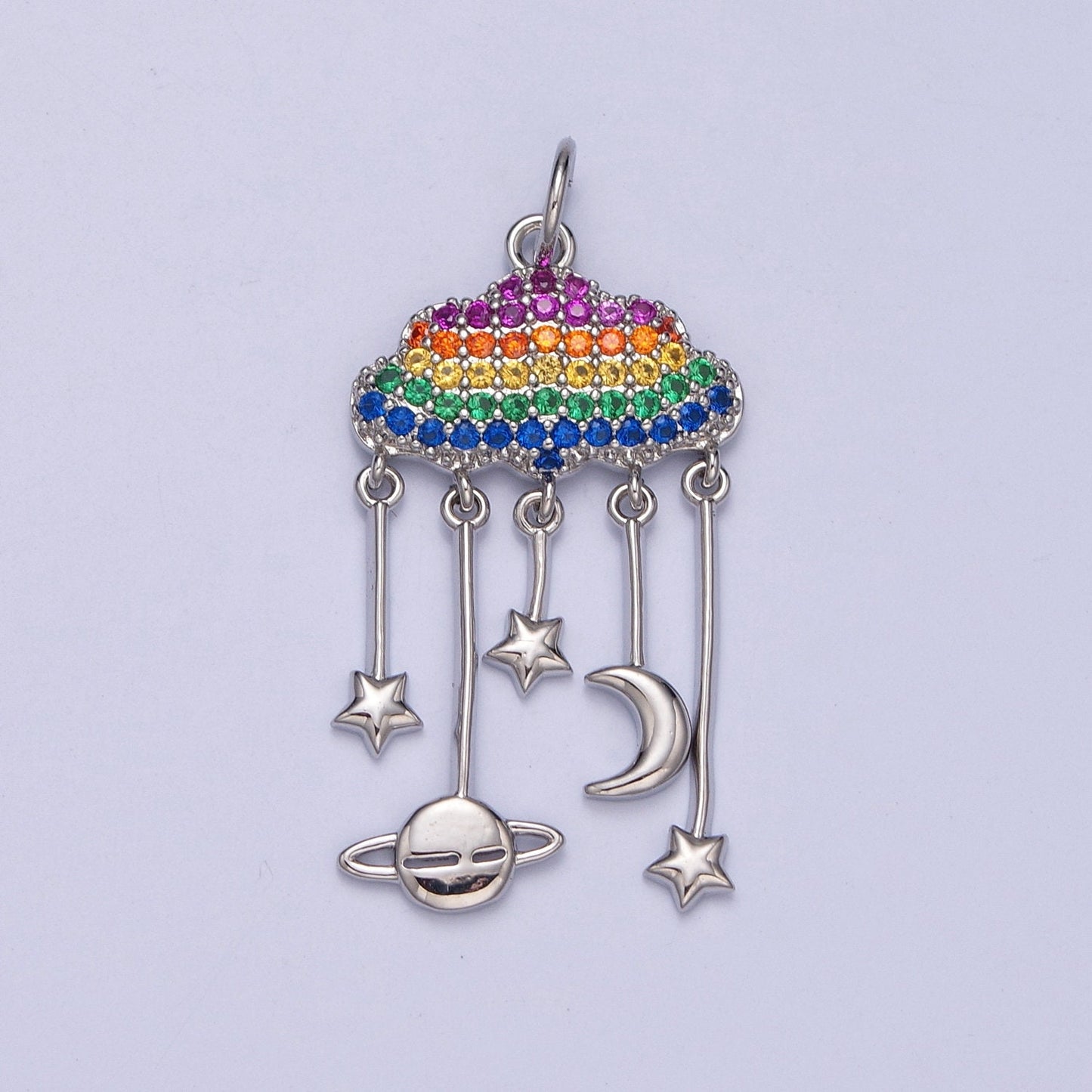 Rainbow Micro Pave Clouds with Celestial Charms: Saturn Planet, Crescent Moon & Stars, Multicolor Charm For DIY Jewelry Making, W-201,W-202