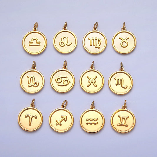 Small Round Circle Zodiac Charms 24k Gold-Filled Astrological Zodiac Signs, Zodiac Symbols, Birthday, Add on Horoscope Charm A1439-A1444