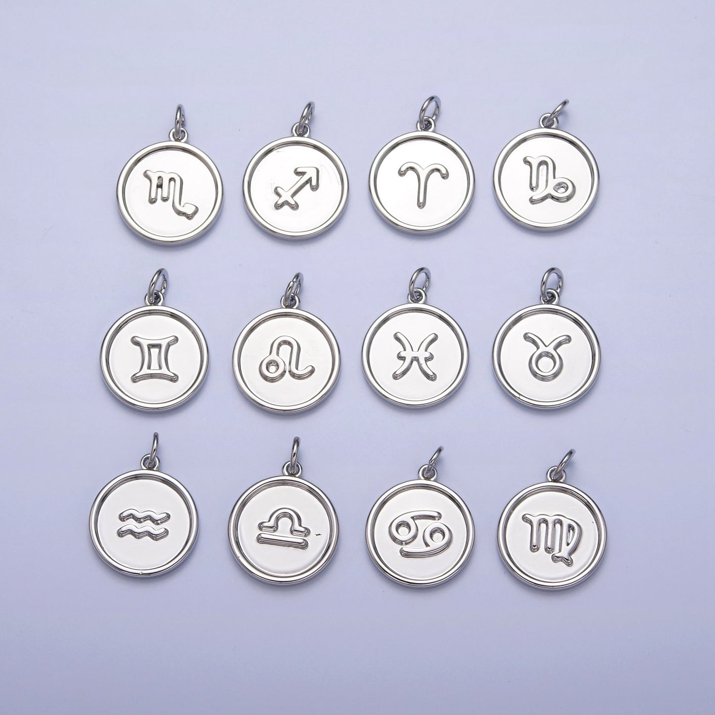 Silver Small Round Circle Zodiac Charms White Gold-Filled Astrological Zodiac Signs, Zodiac Symbols, Birthday, Horoscope Charm A1445-A1450