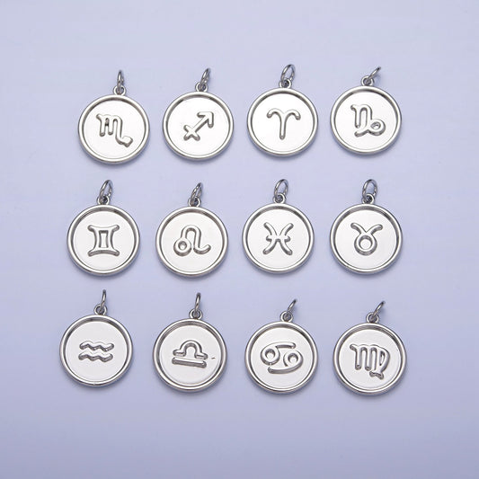 Silver Small Round Circle Zodiac Charms White Gold-Filled Astrological Zodiac Signs, Zodiac Symbols, Birthday, Horoscope Charm A1445-A1450