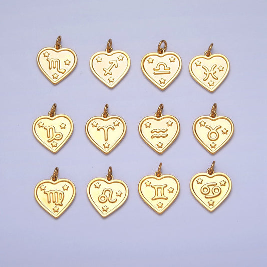 Small Heart-Shaped Zodiac Charms 24k Gold-Filled Astrological Zodiac Signs, Zodiac Symbols, Birthday, Add on Horoscope Charm A1451-A1456