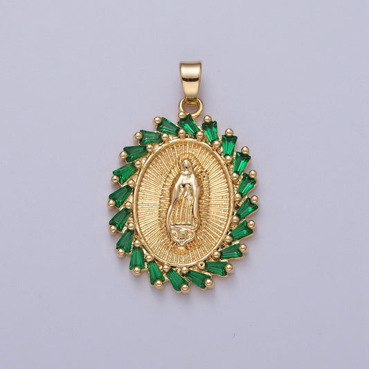 24K Gold-Plated Oval Virgin Mary Pendant, Green Cluster CZ Pendant For Necklace Bracelet Jewelry Making Micro Pave Baguette Charm | X-323