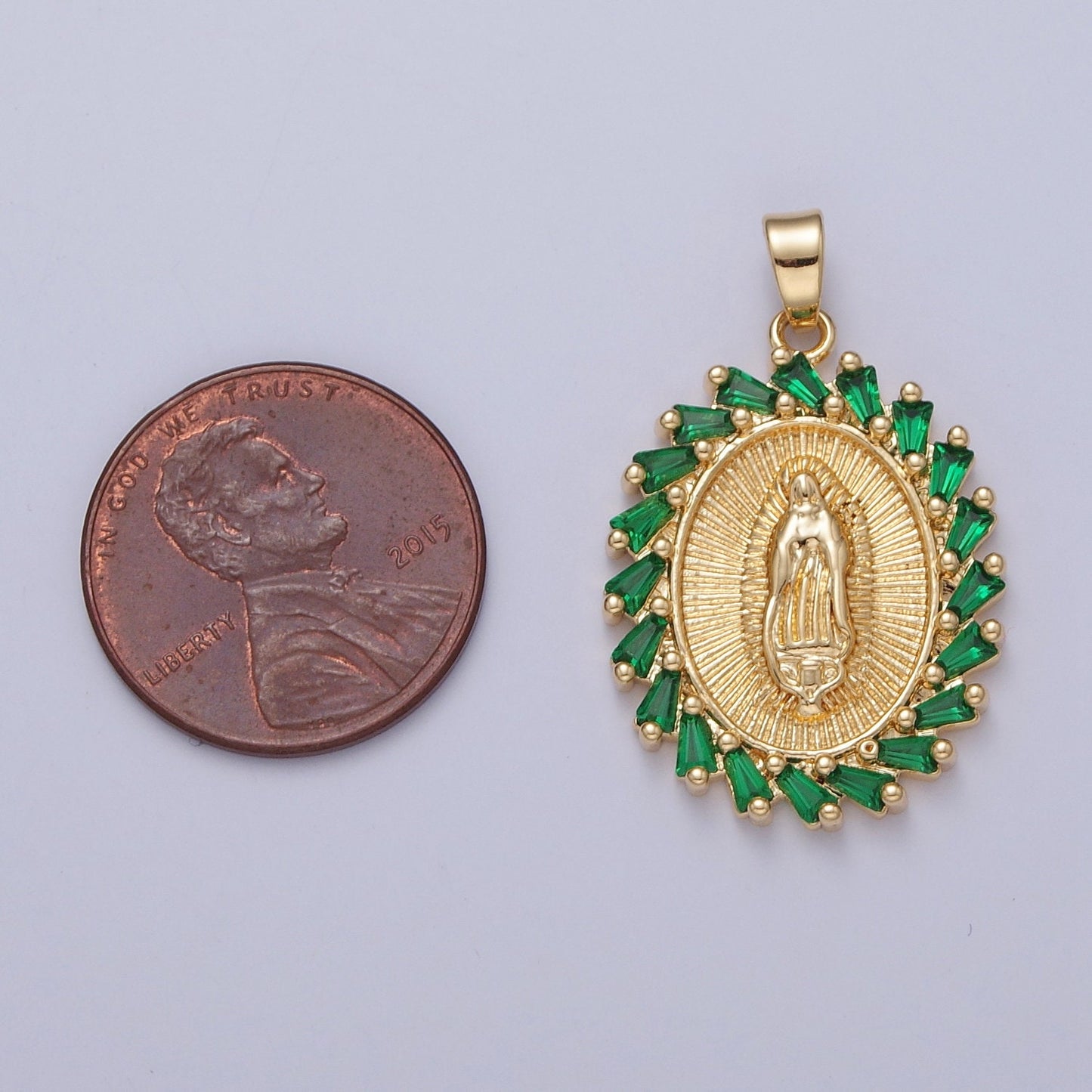 24K Gold-Plated Oval Virgin Mary Pendant, Green Cluster CZ Pendant For Necklace Bracelet Jewelry Making Micro Pave Baguette Charm | X-323
