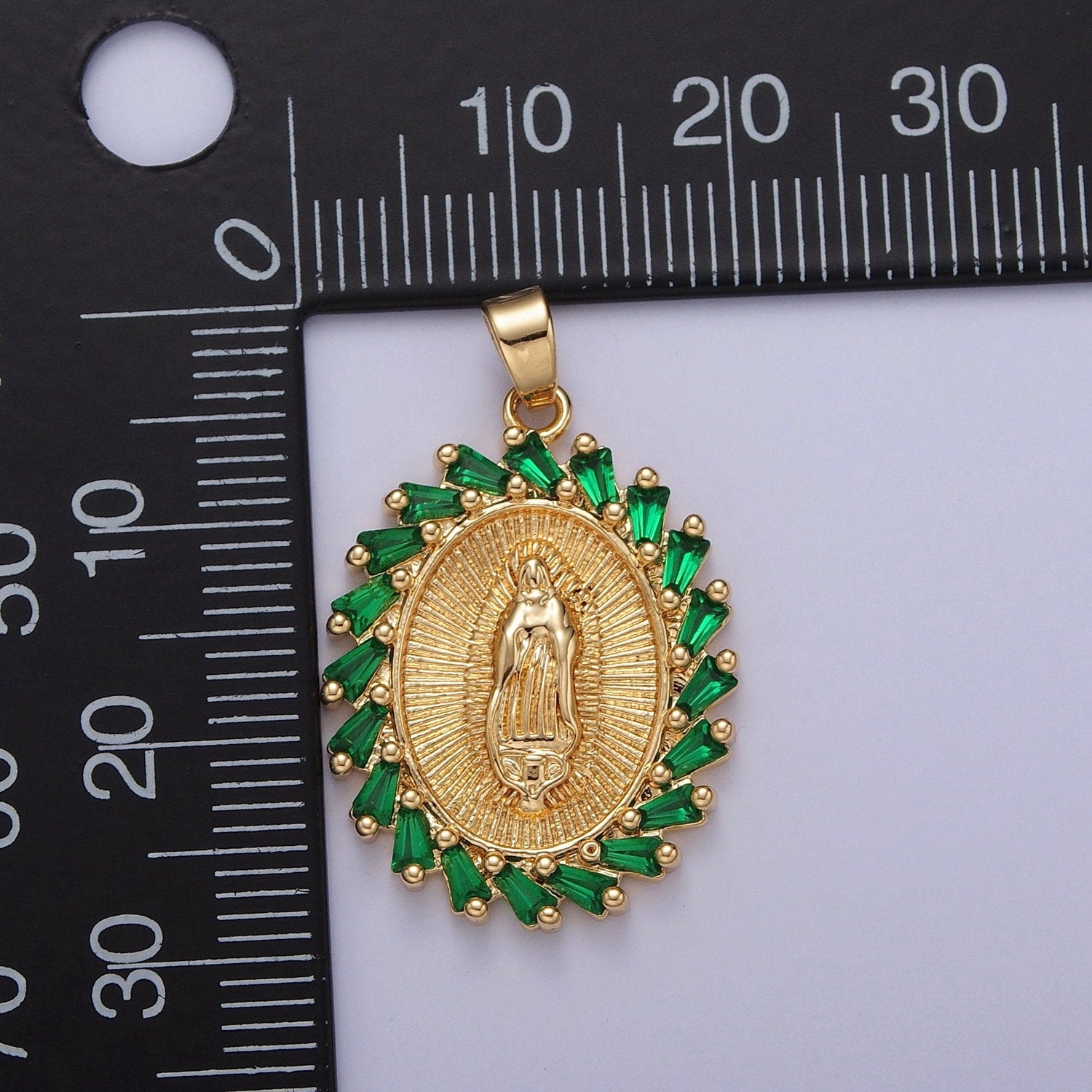 24K Gold-Plated Oval Virgin Mary Pendant, Green Cluster CZ Pendant For Necklace Bracelet Jewelry Making Micro Pave Baguette Charm | X-323