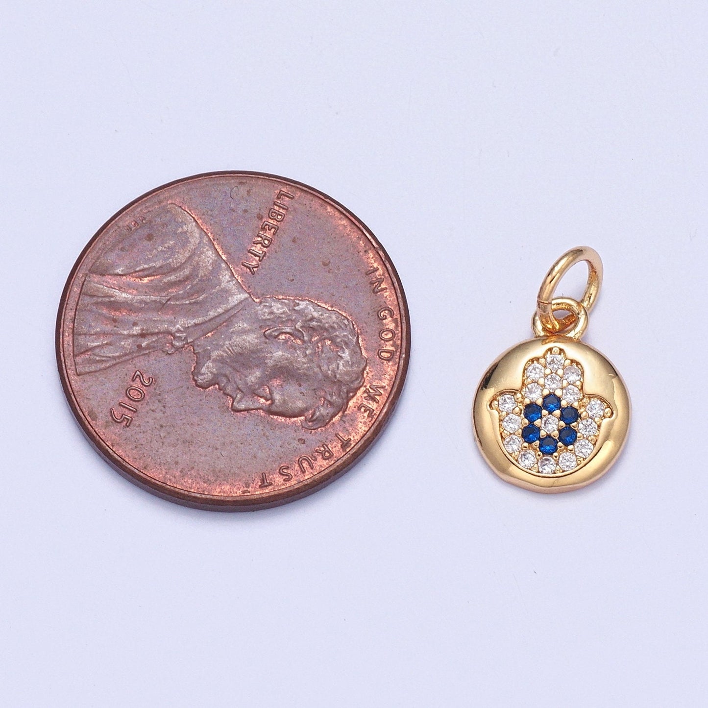24K Gold Dainty Micro Pave CZ Hamsa Pendant Charm, Universe Protective Micro Pave CZ Pendant Charm, Blue Flower-Like Center | X-103