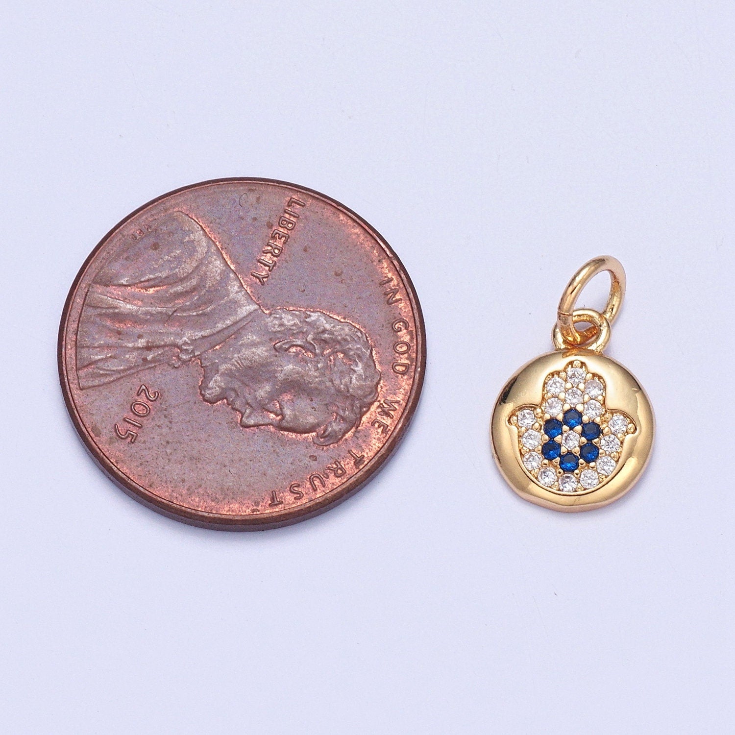 24K Gold Dainty Micro Pave CZ Hamsa Pendant Charm, Universe Protective Micro Pave CZ Pendant Charm, Blue Flower-Like Center | X-103