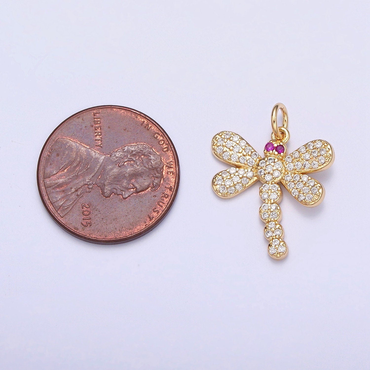 24K Gold Micro Pave Cz Dragonfly Pendant, Magenta-Eyed Dragonfly Charm, Insect Pendant for Necklace Earring Supply | X-111