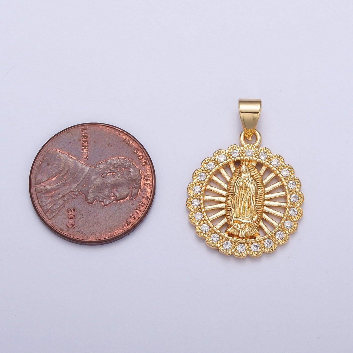 24K Virgin Mary Miraculous Sunburst Micro Pave Cz Medallion Pendant, Gold Lady Guadalupe Pendant Religious Charm Necklace Bracelet | H-756