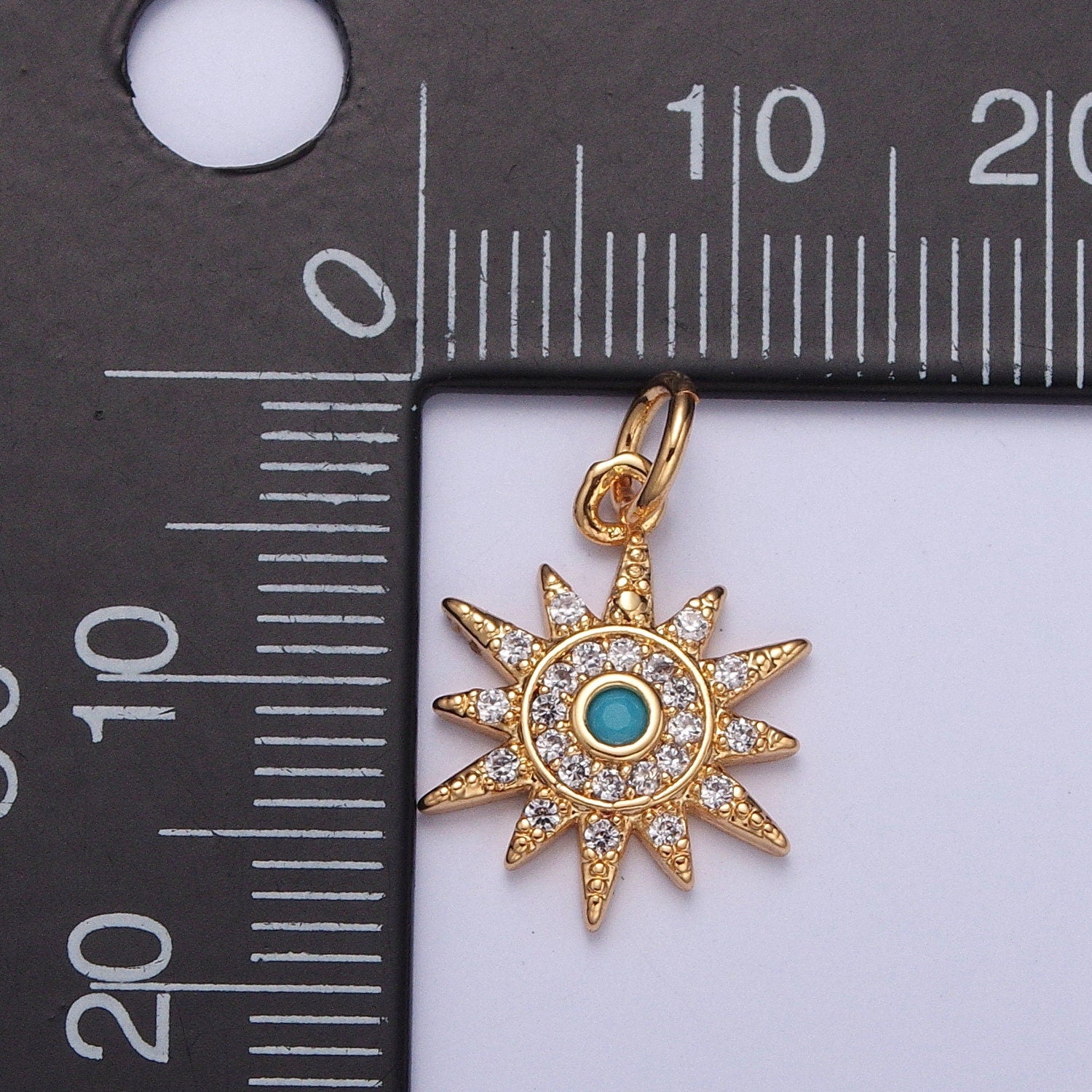 24K Gold Sun Charm w. Opal Evil Eye Pendant, Sun Ray Sunburst Charm, Turquoise Evil Eye Sun Pendant, Bohemian Jewelry | X-119