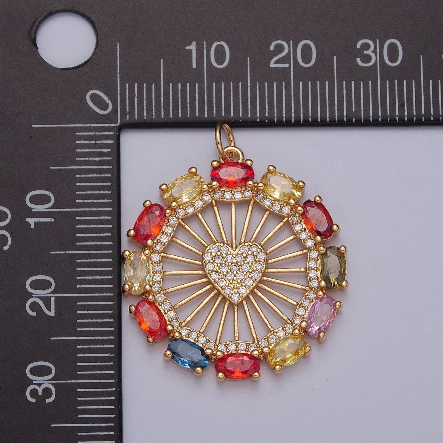 24K Gold Cubic Zarconia Stone Sunburst Heart Pendant, Micro Pave Ferris Wheel Heart Pendant For Minimalist Jewelry | X-125