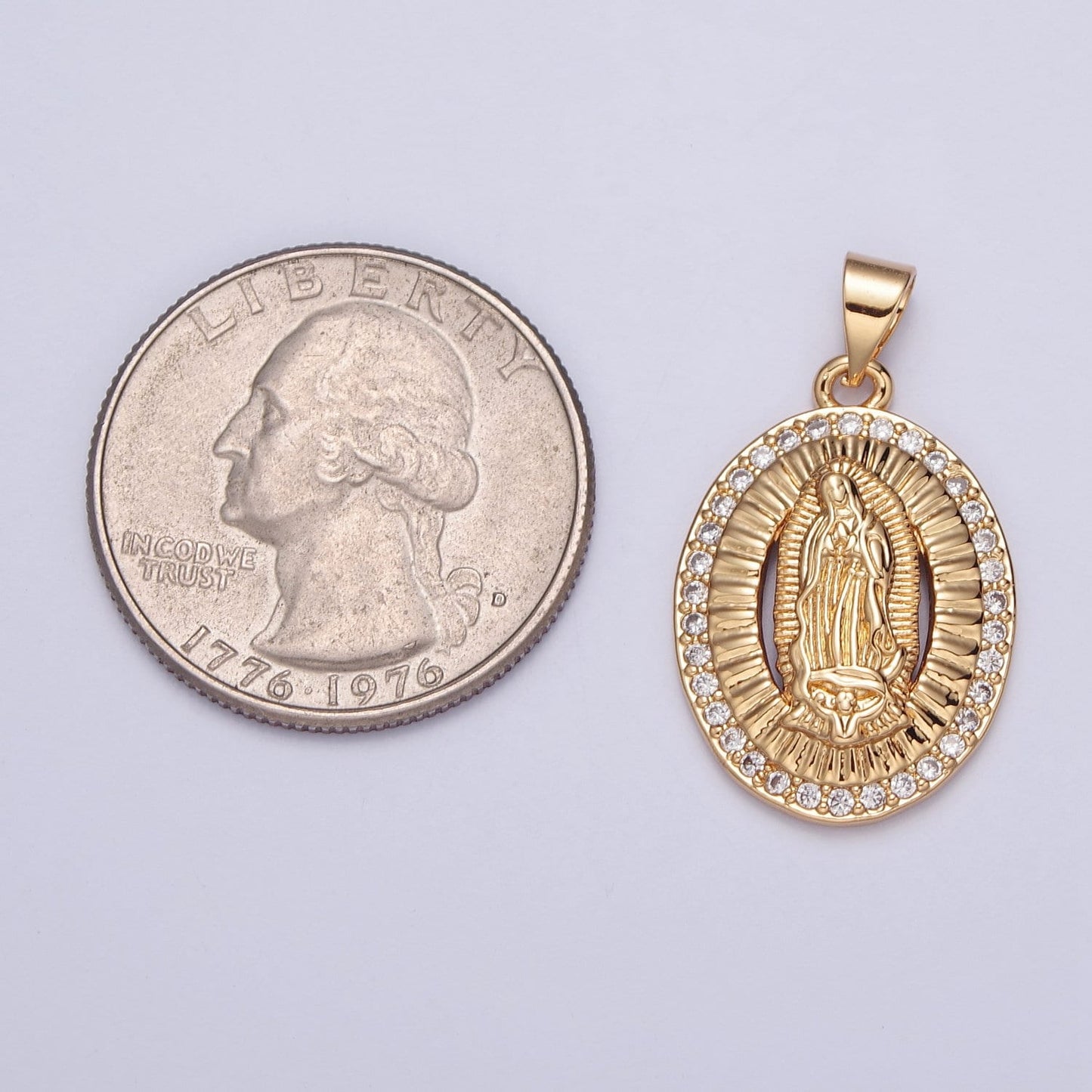 24K Gold Virgin Mary Medallion w. Micro Pave CZ Stone, Round Coin Pendant in 24K Gold Religious Jewelry Charm Pendant for Necklace | H-695