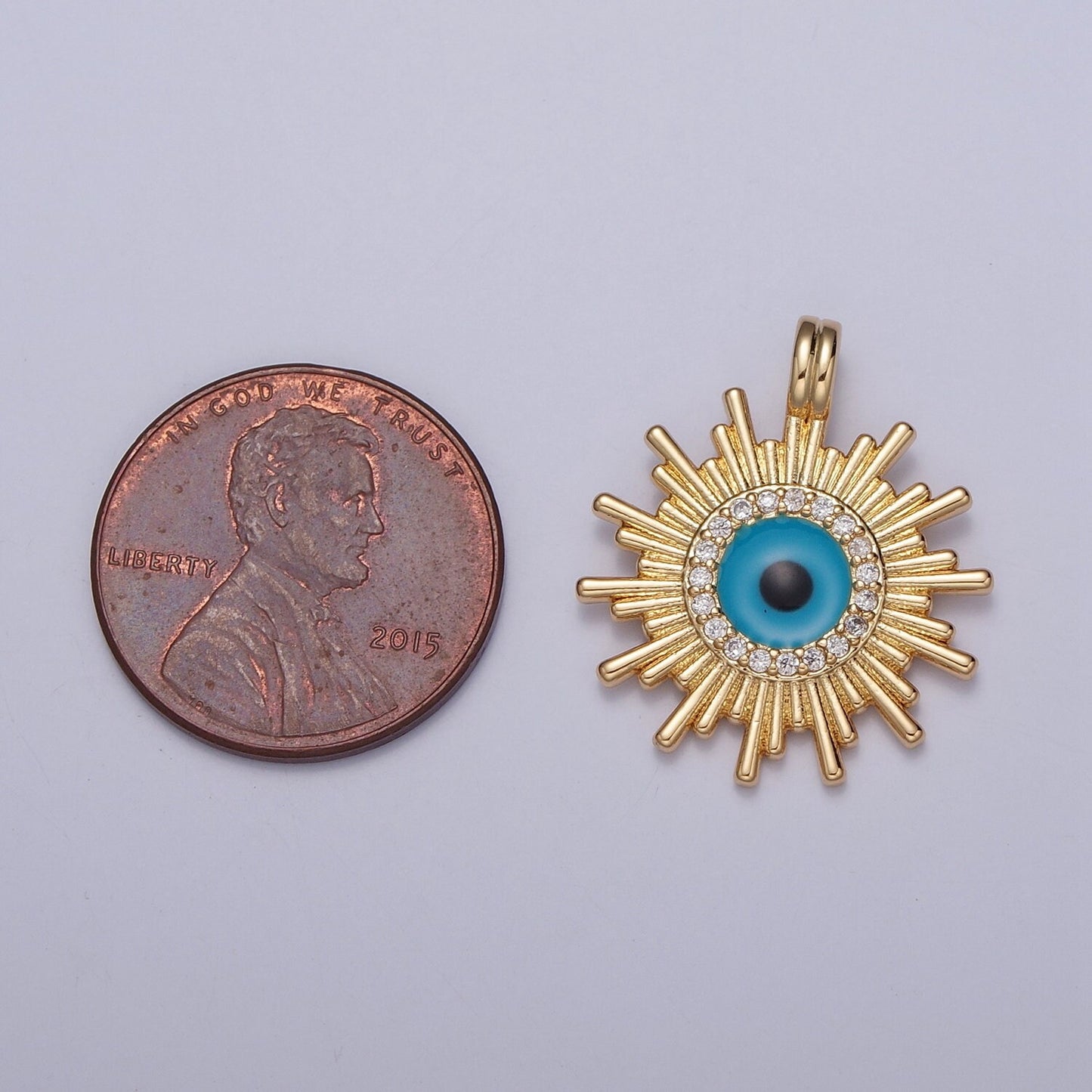 24K Gold Micro Pave CZ Sun Evil Eye Pendant, Sunburst Charm, Dark Turquoise Evil Eye Sun Pendant | H-692
