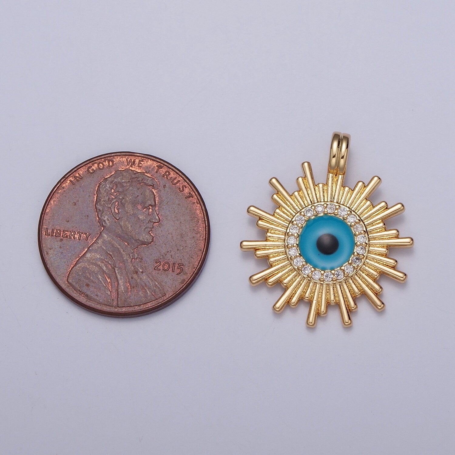 24K Gold Micro Pave CZ Sun Evil Eye Pendant, Sunburst Charm, Dark Turquoise Evil Eye Sun Pendant | H-692