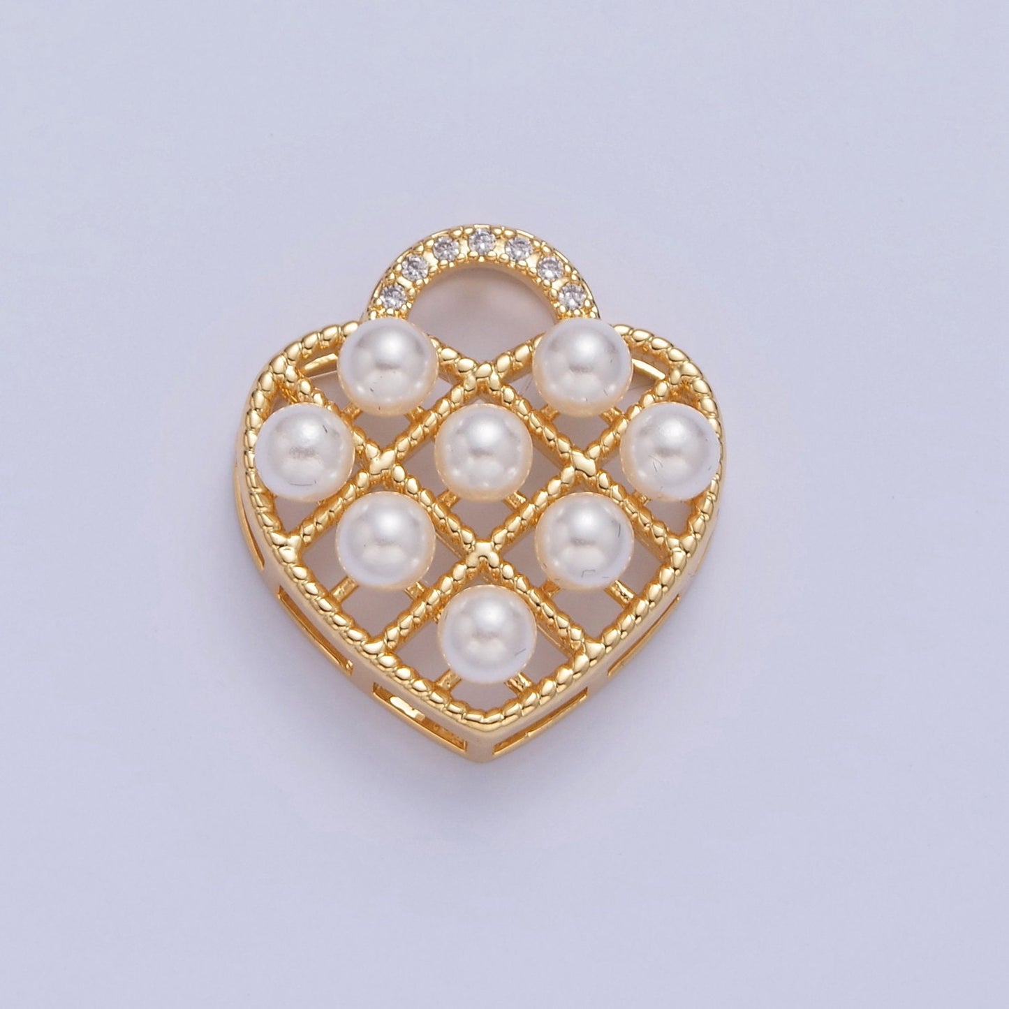 24K Gold Filled Love Heart Waffle Design w. Round Pearls, Micro Pave CZ Stones Bail Head Jewelry Supply Making for Bracelet Necklace | I-349