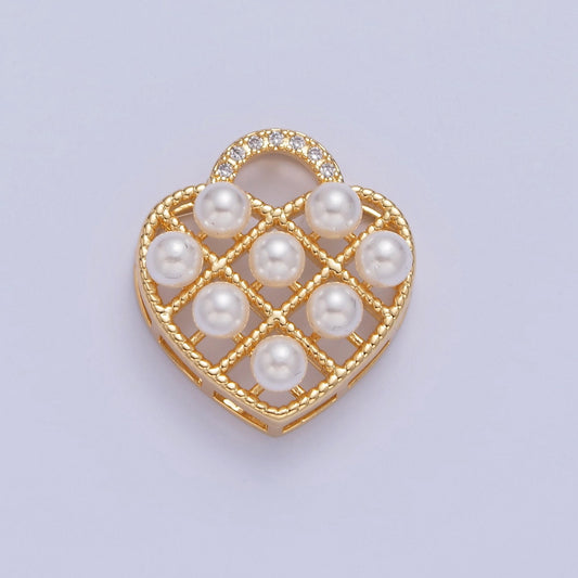 24K Gold Filled Love Heart Waffle Design w. Round Pearls, Micro Pave CZ Stones Bail Head Jewelry Supply Making for Bracelet Necklace | I-349