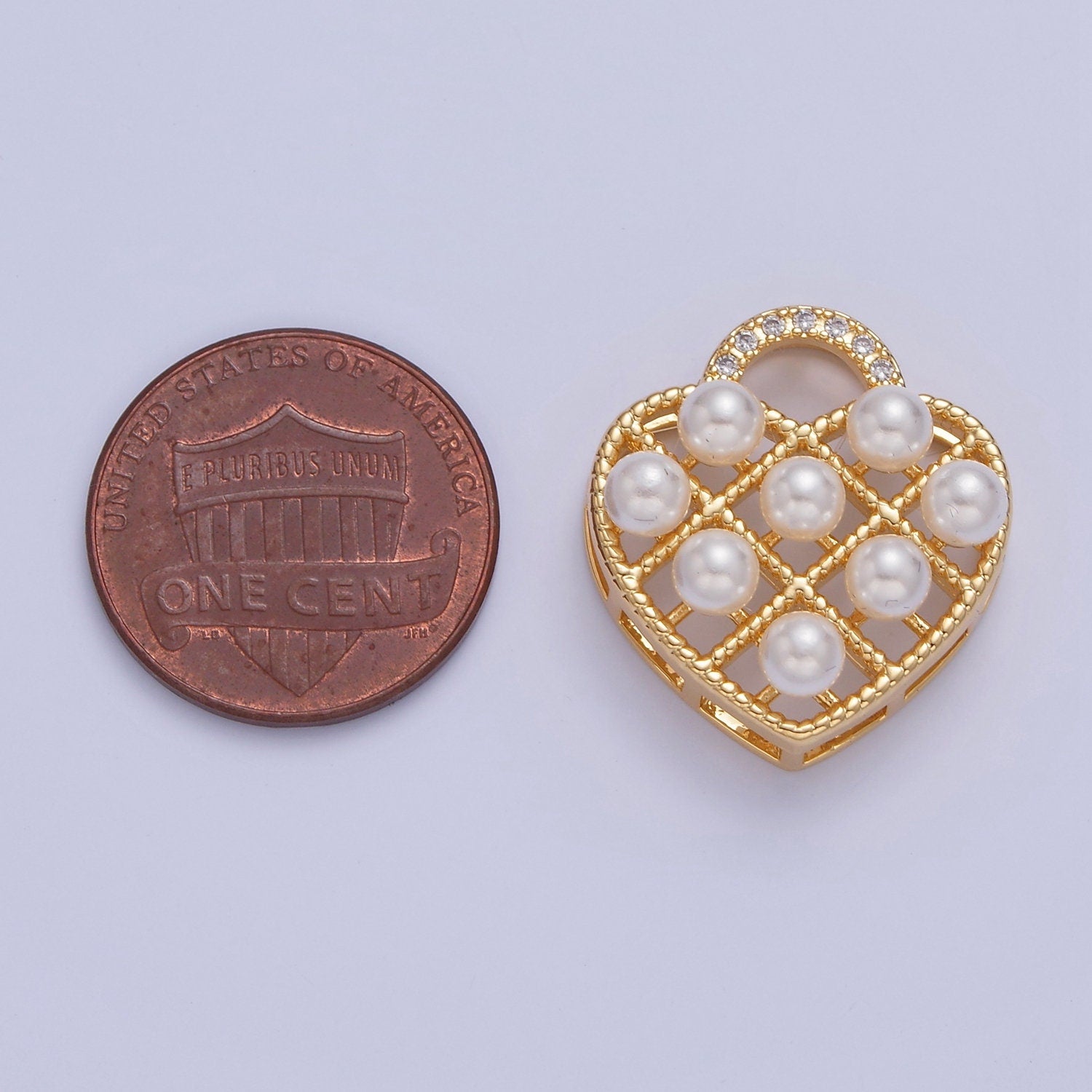 24K Gold Filled Love Heart Waffle Design w. Round Pearls, Micro Pave CZ Stones Bail Head Jewelry Supply Making for Bracelet Necklace | I-349