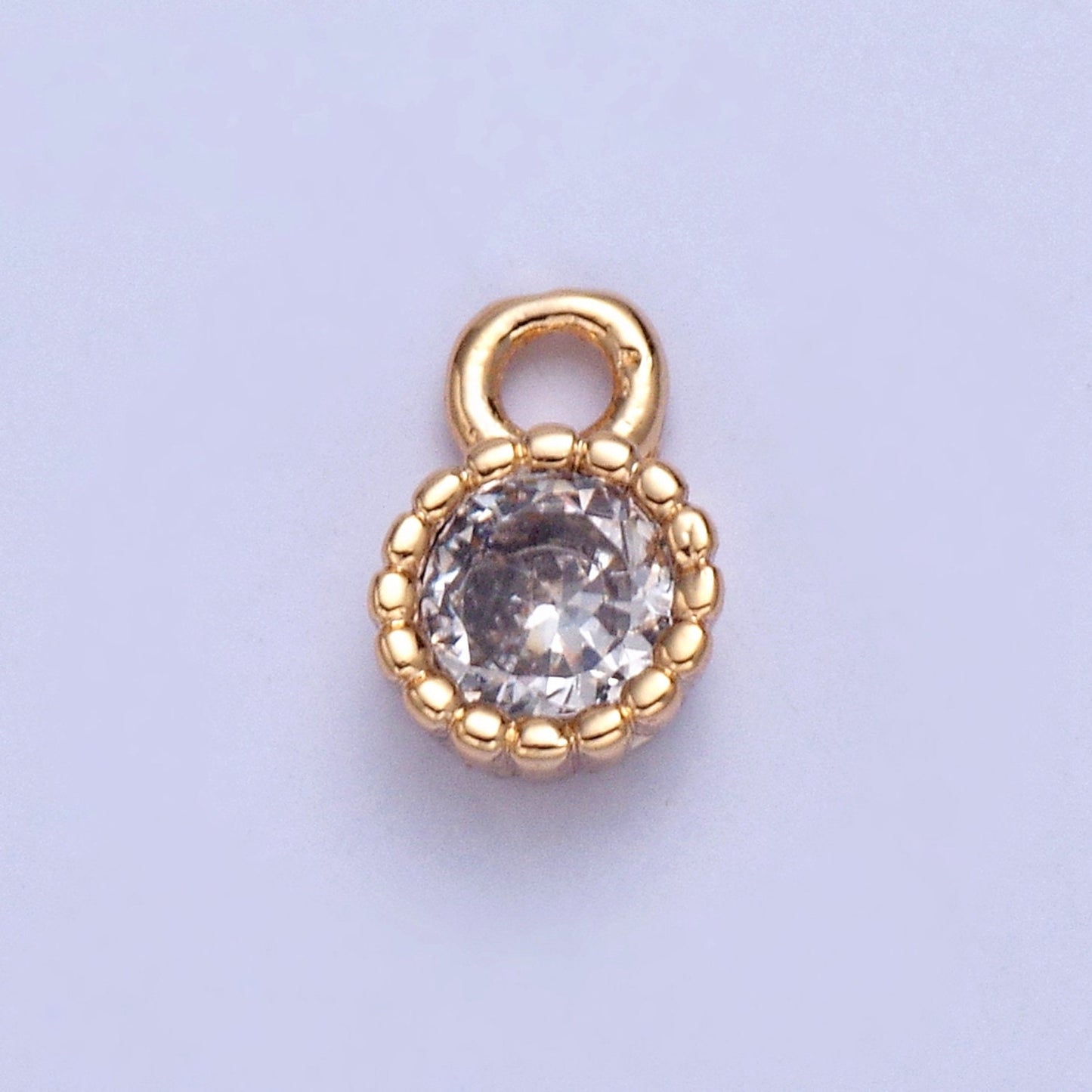 24K Gold Mini Round CZ Clear Stone Pendant w. Oval Edges Add on Charm Dainty Crystal Cz Stone for Necklace Bracelet Supply | X-022