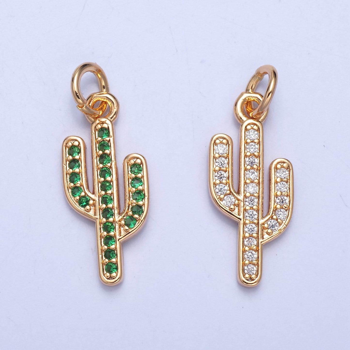 24K Gold Thin Cactus Colored/Clear Micro Pave CZ Clear Stone Pendant, Add on Charm Crystal Cz for Necklace Bracelet Supply | X-036, X-037