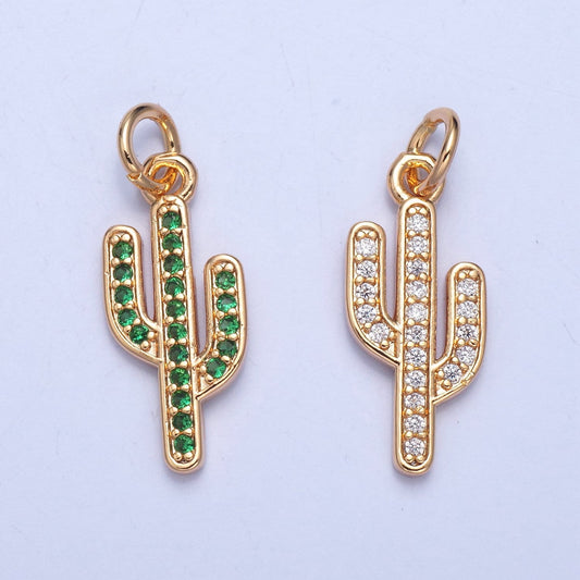24K Gold Thin Cactus Colored/Clear Micro Pave CZ Clear Stone Pendant, Add on Charm Crystal Cz for Necklace Bracelet Supply | X-036, X-037