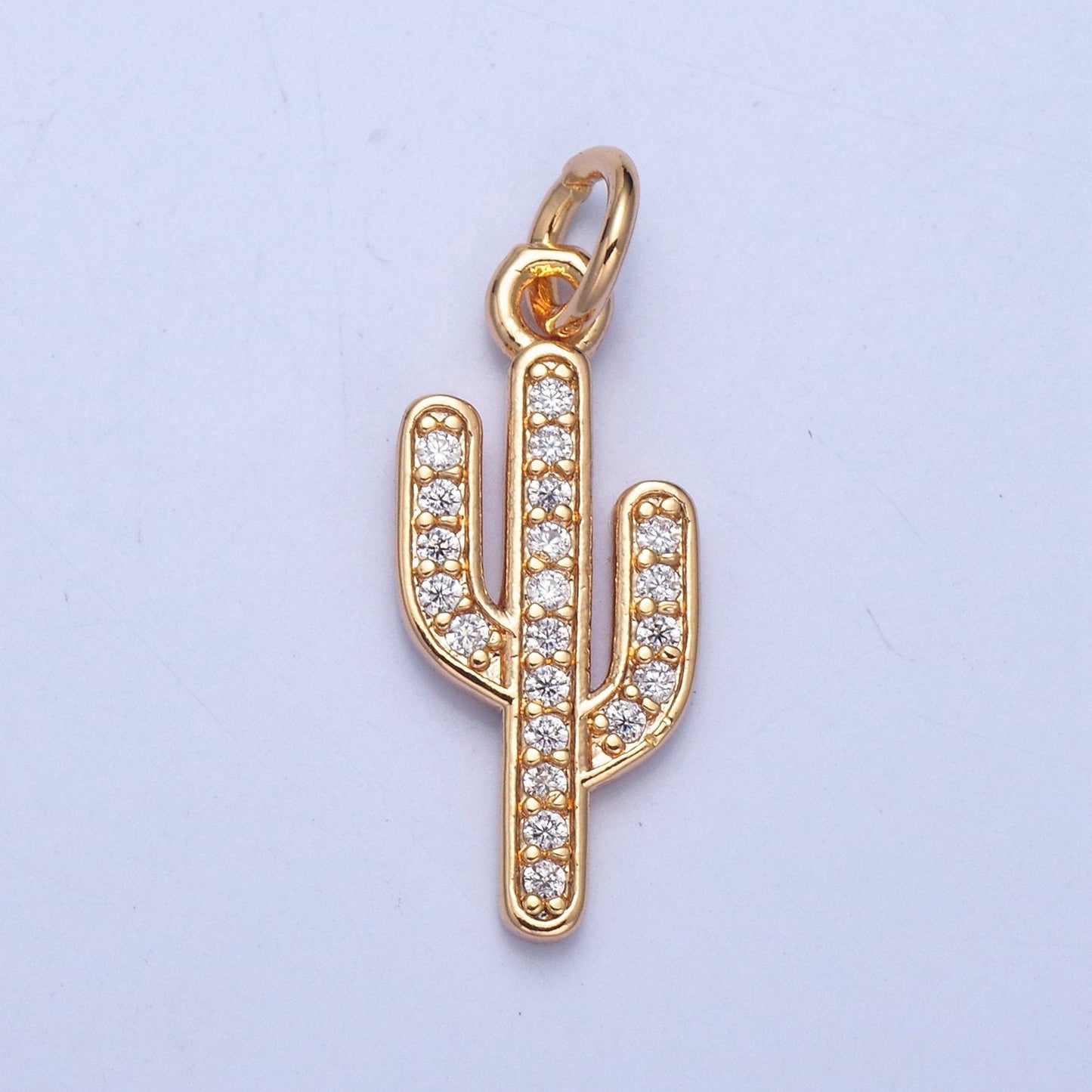 24K Gold Thin Cactus Colored/Clear Micro Pave CZ Clear Stone Pendant, Add on Charm Crystal Cz for Necklace Bracelet Supply | X-036, X-037
