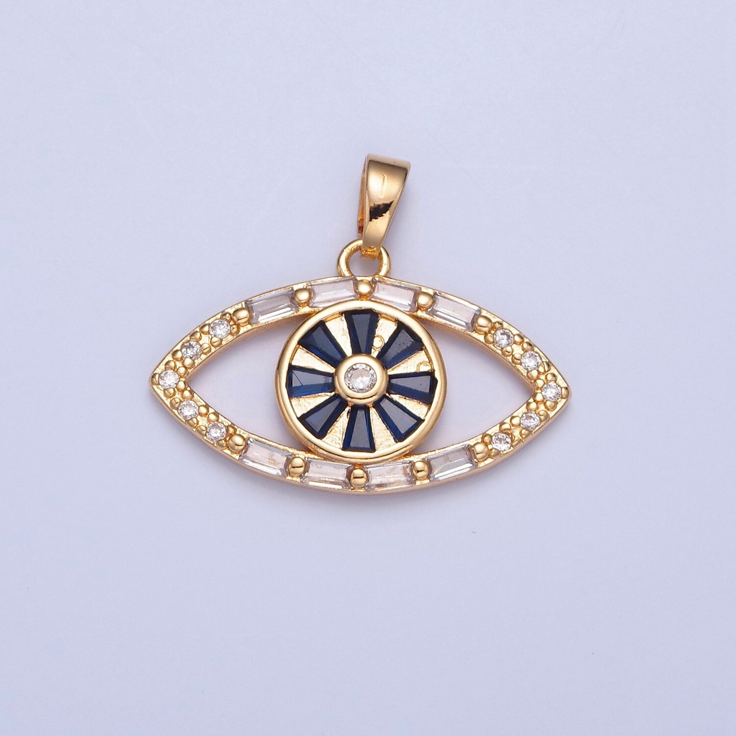 16K Gold Evil Eye Blue Baguette Stones Pendant, Micro Pave CZ Evil Eye Charm for DIY Add on Bracelet Earring Minimalist Necklace | H-014