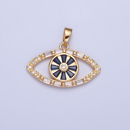 16K Gold Evil Eye Blue Baguette Stones Pendant, Micro Pave CZ Evil Eye Charm for DIY Add on Bracelet Earring Minimalist Necklace | H-014