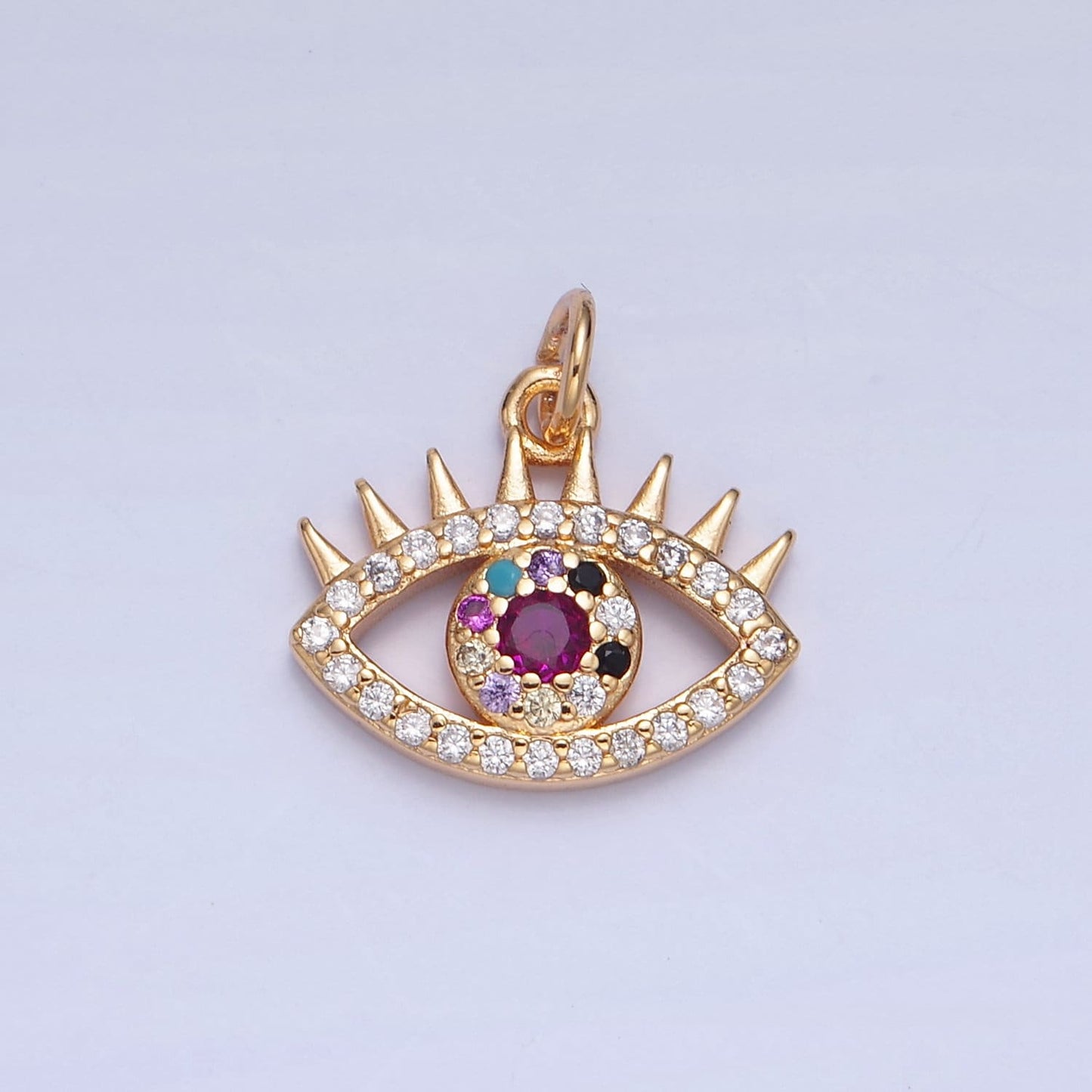 16K Gold Multicolored Evil Eye CZ Stones Pendant w. Spikes Eyelashes, Micro Pave CZ Evil Eye Charm for DIY Bracelet Earring Necklace | X-040