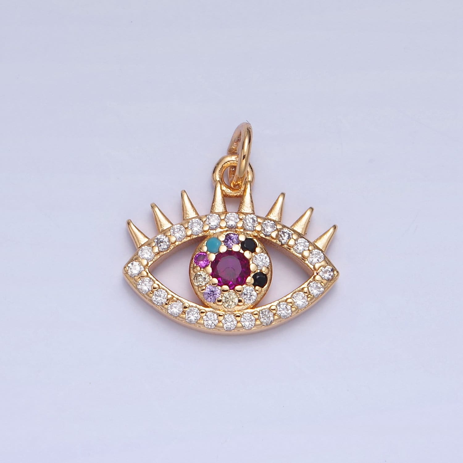 16K Gold Multicolored Evil Eye CZ Stones Pendant w. Spikes Eyelashes, Micro Pave CZ Evil Eye Charm for DIY Bracelet Earring Necklace | X-040