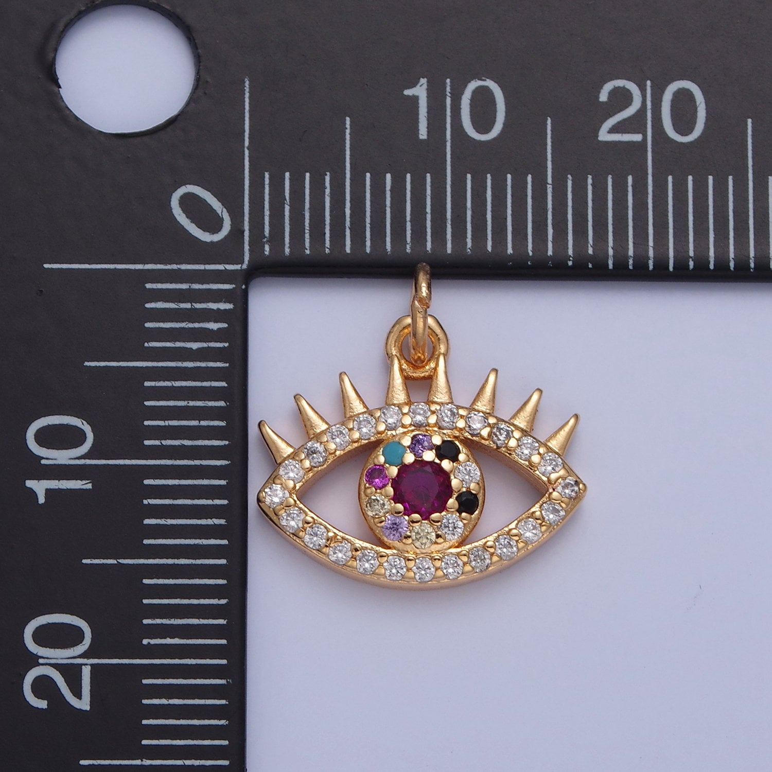 16K Gold Multicolored Evil Eye CZ Stones Pendant w. Spikes Eyelashes, Micro Pave CZ Evil Eye Charm for DIY Bracelet Earring Necklace | X-040