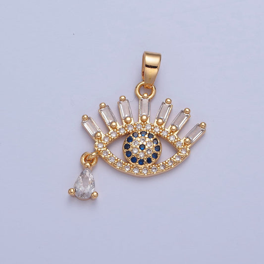 16K Gold Filled Micro Pave Cubic Zirconia Blue Evil Eye Charm Clear Teardrop CZ, Baguette Stone Eyelashes, Tiny Pendant Amulet Piece | H-015