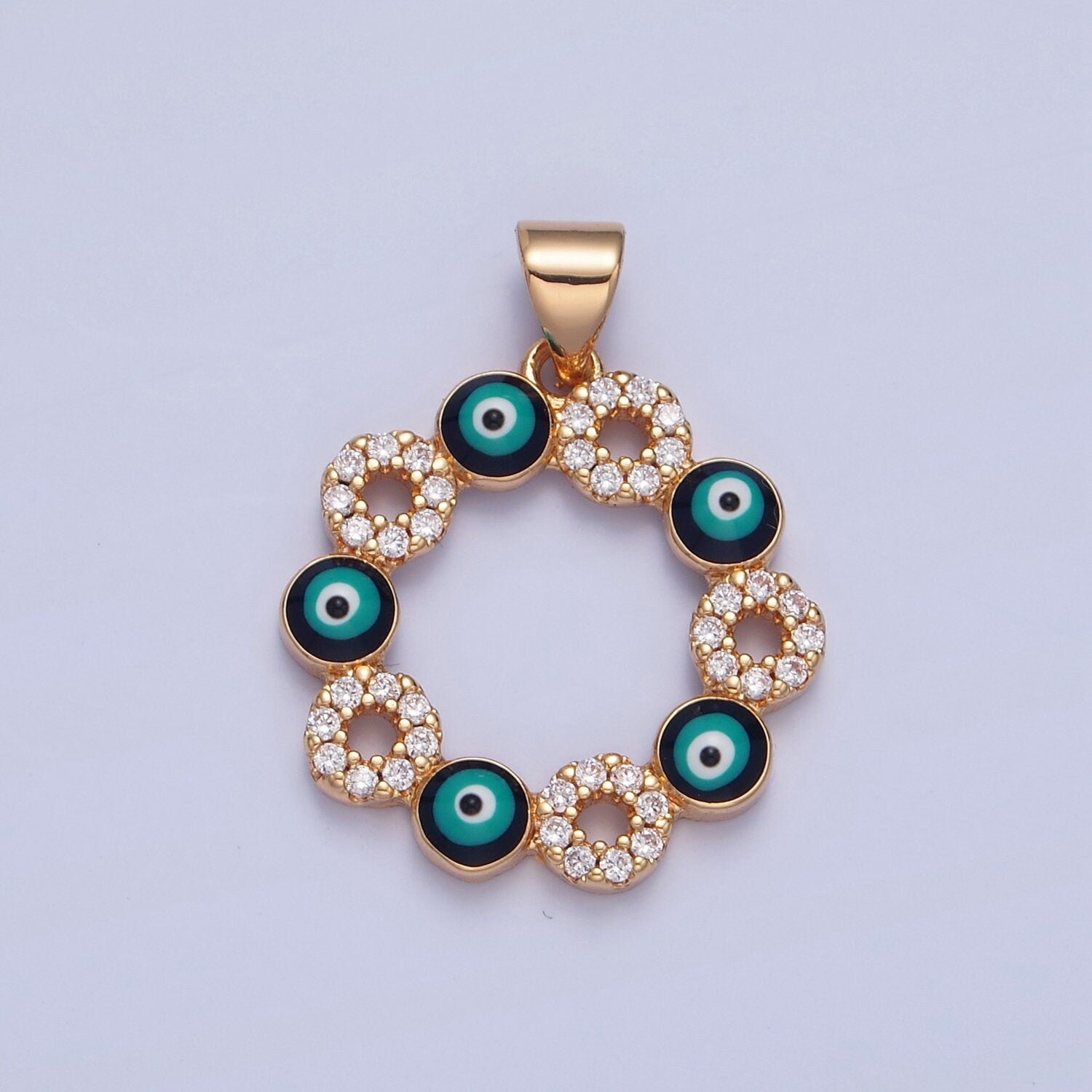 16K Gold Linked Mini Black Enamel Evil Eyes Mini Donut Clear Circles CZ Clear Stone Pendant, Add on Charms Necklace Bracelet Supply | H-068