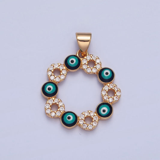 16K Gold Linked Mini Black Enamel Evil Eyes Mini Donut Clear Circles CZ Clear Stone Pendant, Add on Charms Necklace Bracelet Supply | H-068