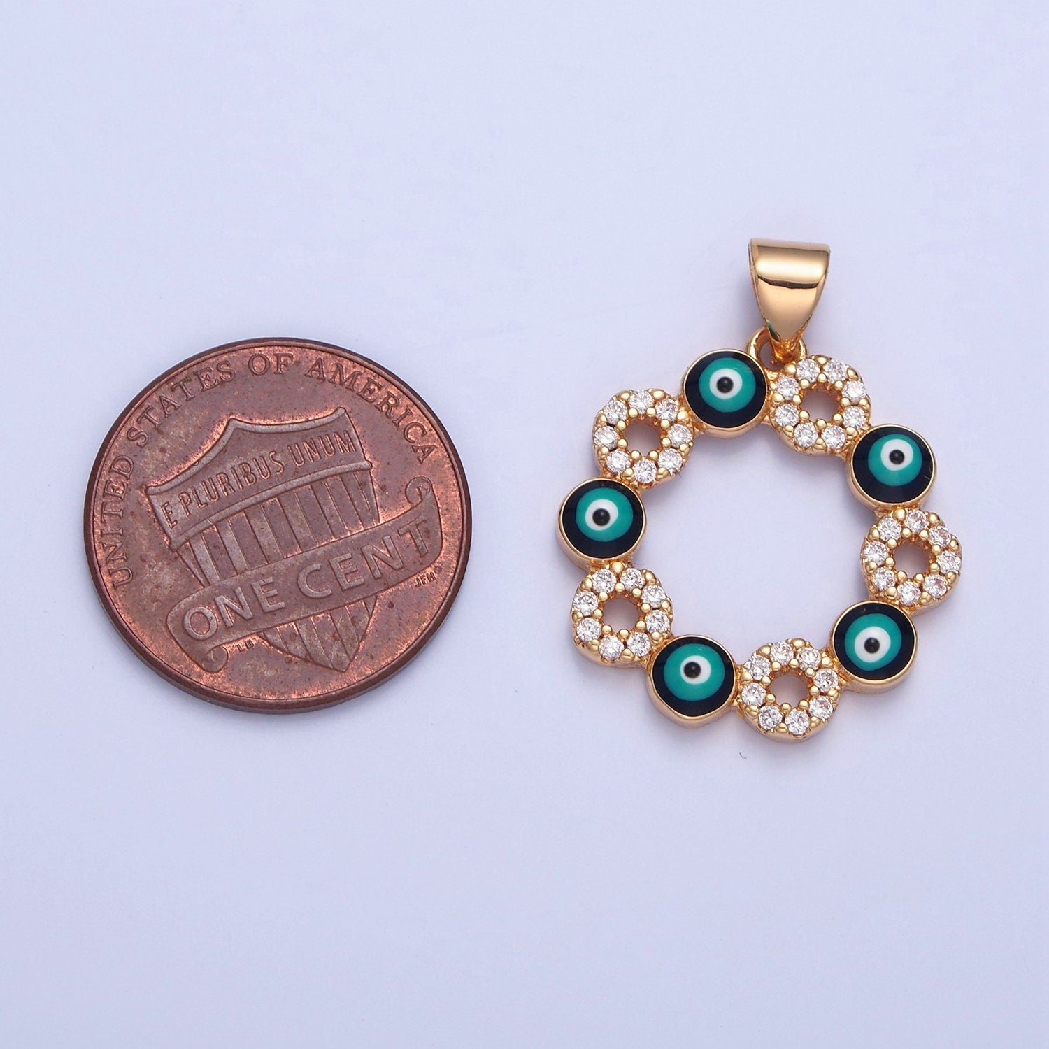 16K Gold Linked Mini Black Enamel Evil Eyes Mini Donut Clear Circles CZ Clear Stone Pendant, Add on Charms Necklace Bracelet Supply | H-068