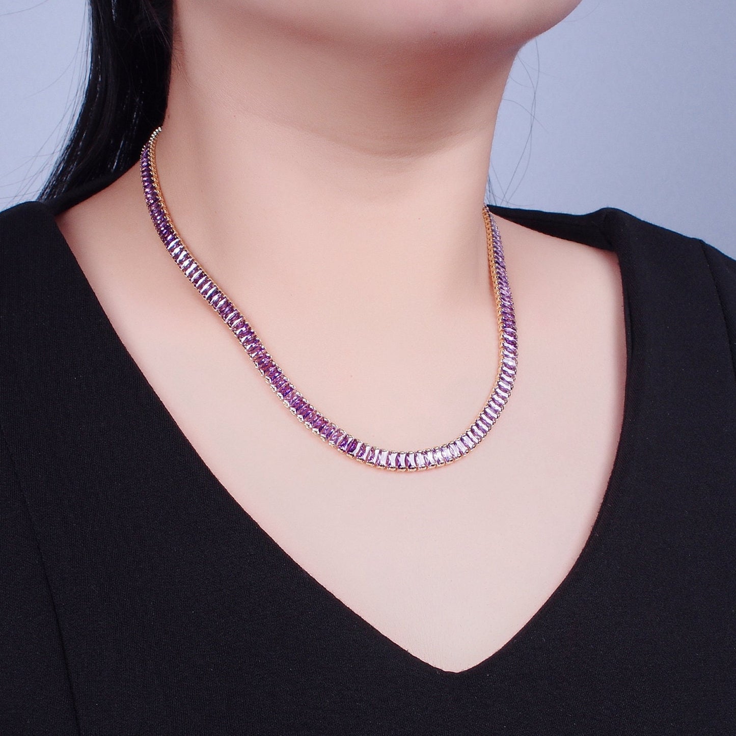 24k Gold Filled 16.0-inch Purple Lavender CZ Rectangular Baguette Paved Chain Necklace | WA-671-16.0