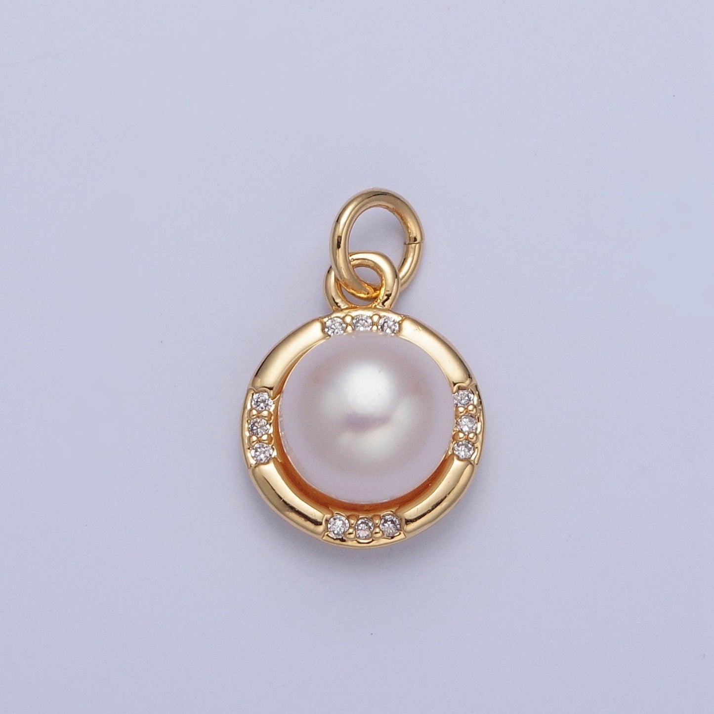 24K Gold Solitaire Pearl Round Micro Pave CZ Stones-Edged Pendant, Gold Charm White Pearl DIY Jewelry Necklace Making | X-067