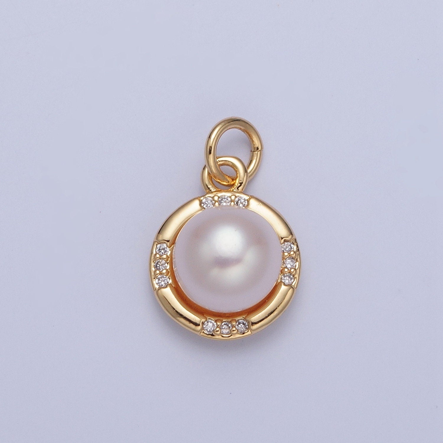 24K Gold Solitaire Pearl Round Micro Pave CZ Stones-Edged Pendant, Gold Charm White Pearl DIY Jewelry Necklace Making | X-067
