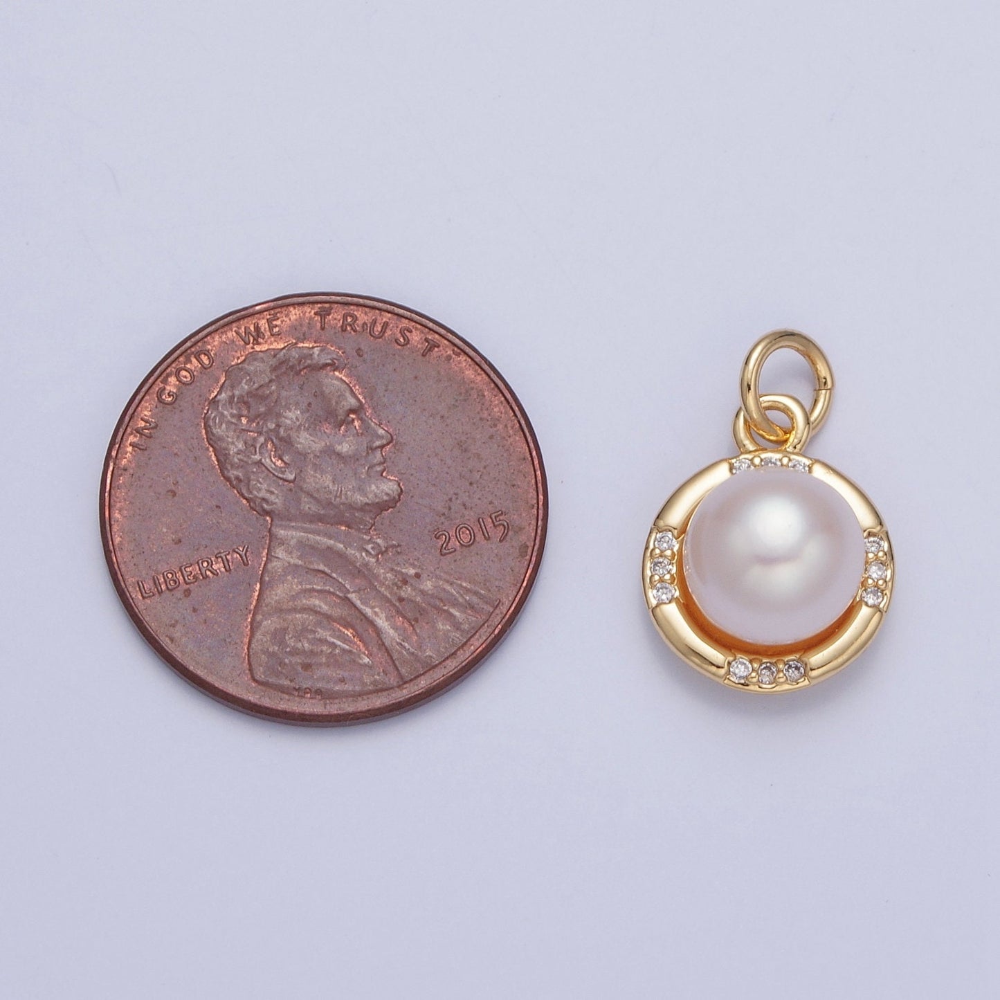 24K Gold Solitaire Pearl Round Micro Pave CZ Stones-Edged Pendant, Gold Charm White Pearl DIY Jewelry Necklace Making | X-067