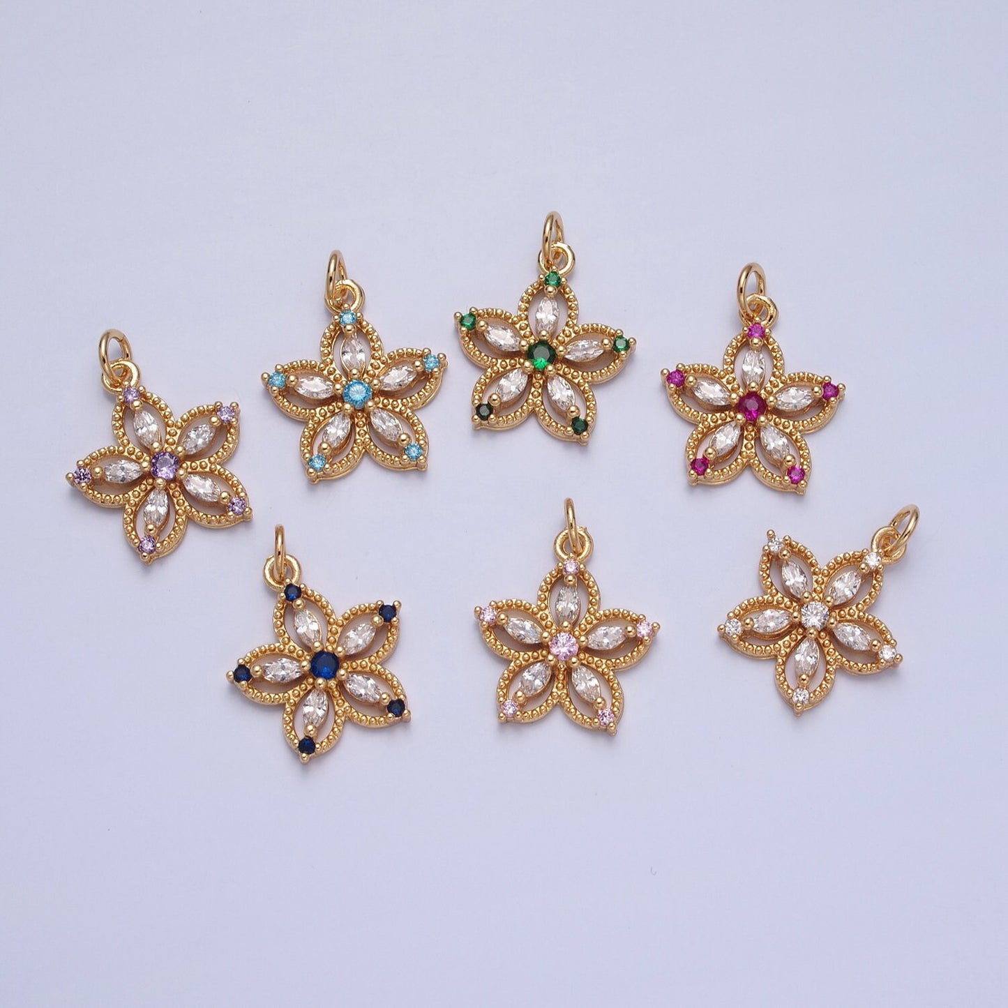 24K Gold Dainty Multicolor Flower Micro Pave Cubic Zirconia CZ Beaded Pendant, Petal Floral Charm Necklace Bracelet Earring | X-068-X-075