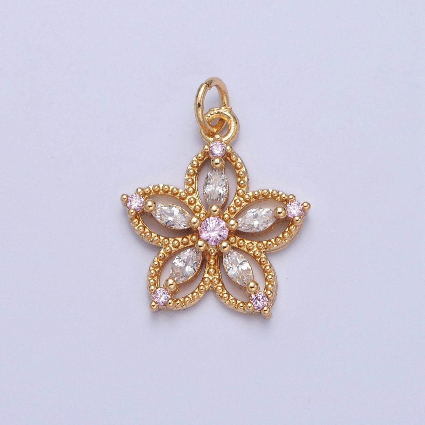 24K Gold Dainty Multicolor Flower Micro Pave Cubic Zirconia CZ Beaded Pendant, Petal Floral Charm Necklace Bracelet Earring | X-068-X-075