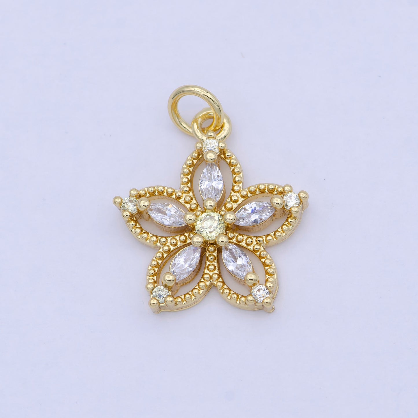 24K Gold Dainty Multicolor Flower Micro Pave Cubic Zirconia CZ Beaded Pendant, Petal Floral Charm Necklace Bracelet Earring | X-068-X-075